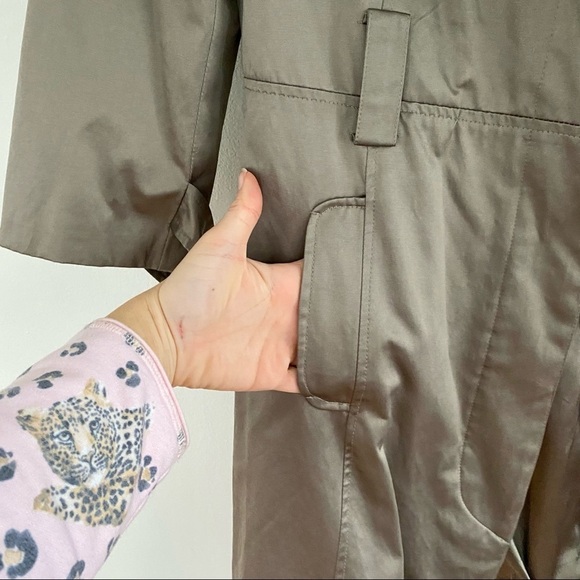 Bebe Gray Green Satin Trench Coat Y2K 3/4 Sleeve Button Detail Gilmore Girls - Picture 7 of 11